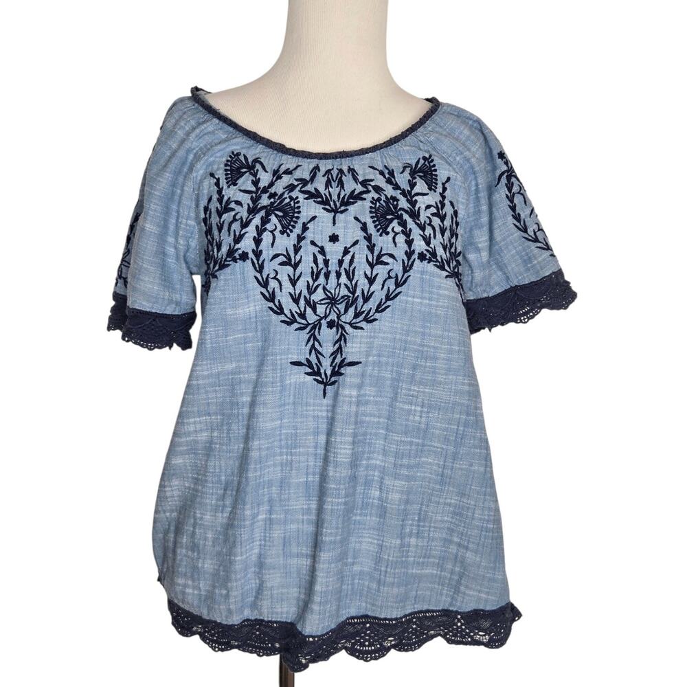 Sundance Womens Boho Top Embroidered Relaxed Fit Crochet Lace Blue Basics XS